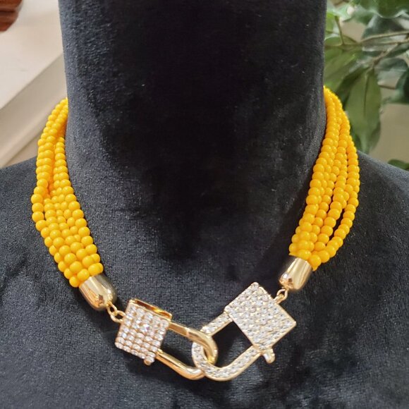 Nickel Free Women's Yellow Multilayer Round Beaded Fashion Jewelry Necklace - Picture 2 of 7